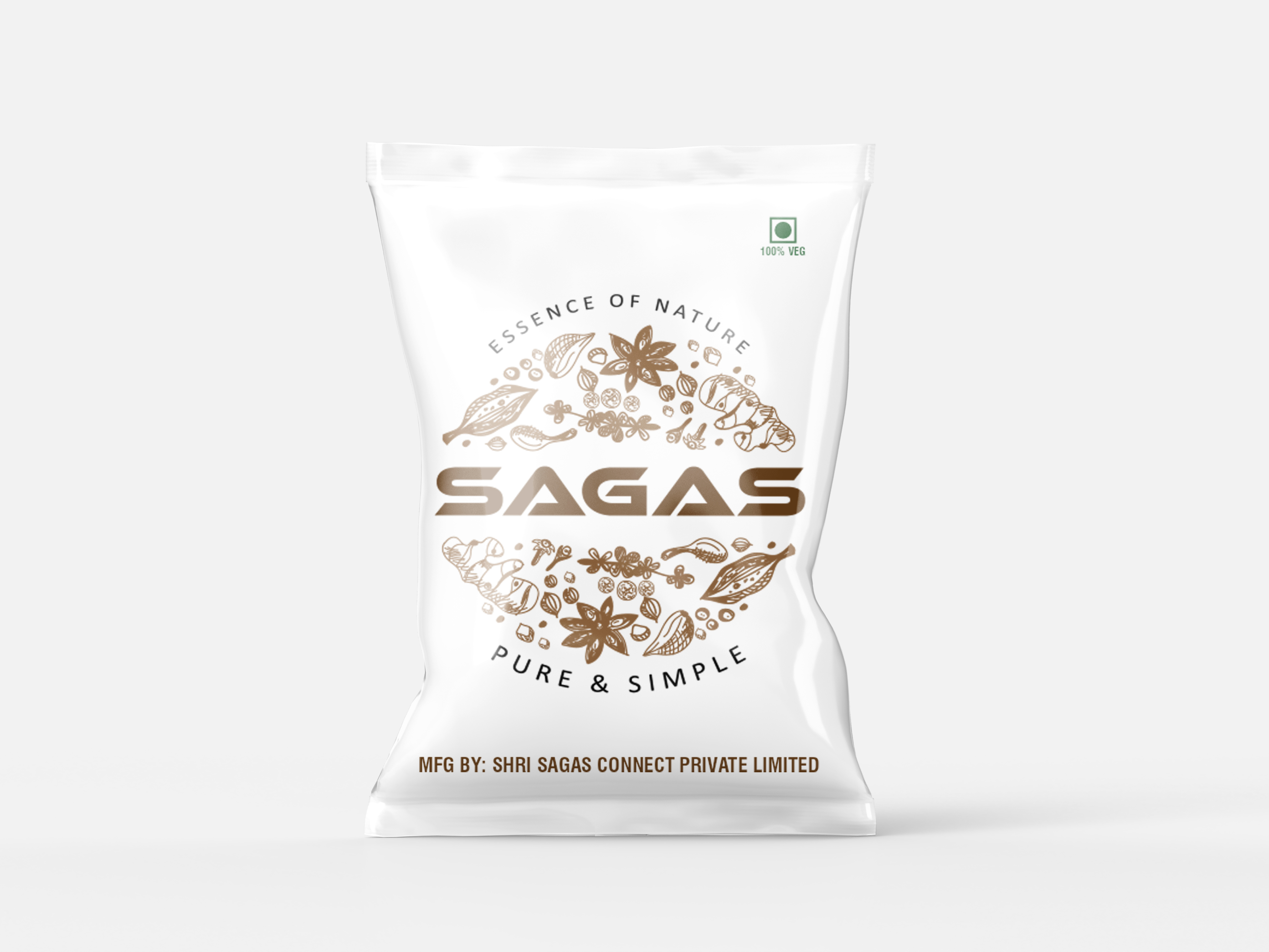 Sagas Spices brand pouch, front